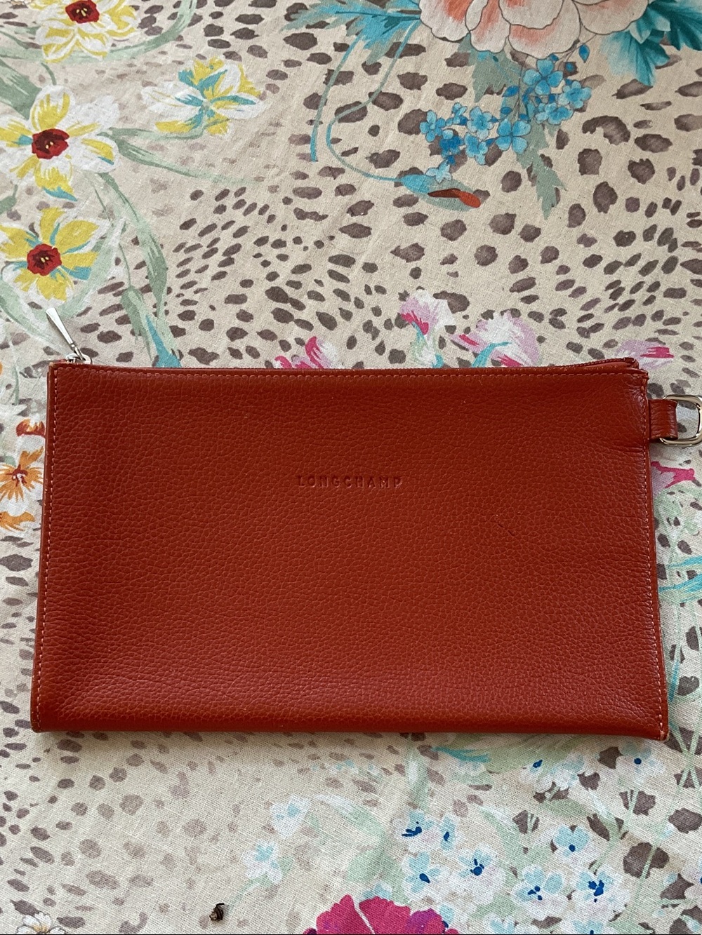 Longchamp Cognac Pebbled Leather Zip Pouch